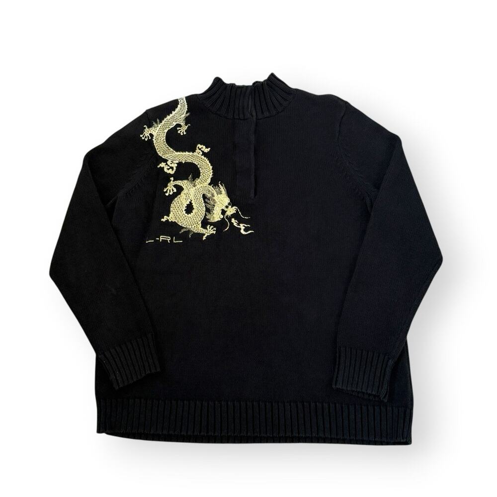 Vintage Lauren Ralph Lauren Gold Dragon Embroidered Black Cotton Sweater 2X Rare